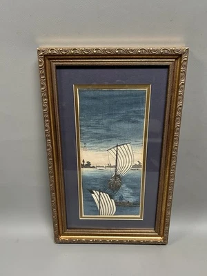 Bloque de madera náutico firmado japonés Takahashi Hiroaki Shotei “Seting Sun” Foto 1 de 4