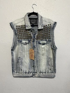 Vintage Ecko Unltd Denim Vest Mens L Blue Studded Grunge Y2K 90s Distressed NEW - Picture 1 of 7