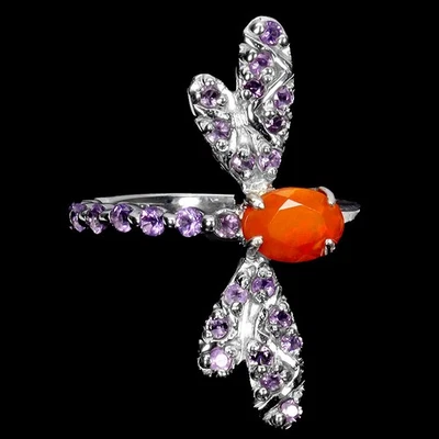 925 Anello Argento Sterling Ovale Arancione Opale Ametista Libellula N USA - Immagine 1 di 4