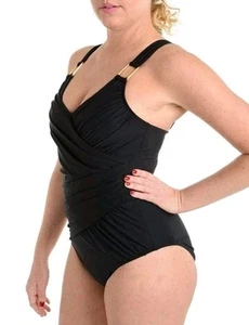 Costume da bagno unico nuovo con etichette Spanx 'Whittle Waistline' drappeggio taglia 10 nero $198 - Foto 1 di 11