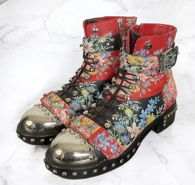 Alexander McQueen Ankle Boots Leather Red Floral Studded  Combat Boots 38 - Image 1 of 4
