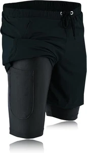 2 in 1 Men's Sports Running Shorts Gym Training Fitness Bottoms With Pockets S-L - Picture 1 of 6