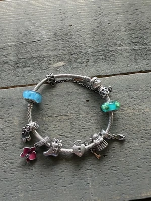 Pulsera Pandora de plata de ley con 8 dijes y cadena de seguridad Foto 1 de 4