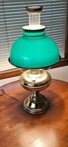 Antique Victorian Brass oil Lamp with green shade & Chimney electrified - Picture 1 of 13