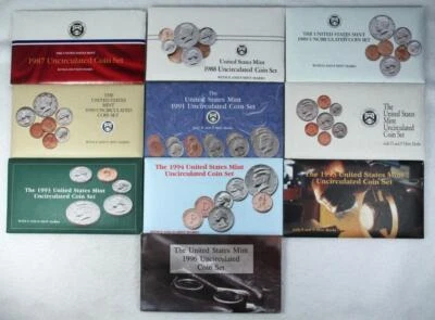 10 Year Run of US Mint Uncirculated Coin Sets - 1987- 96 - w/1996 West Pt Dime - Image 1 of 4