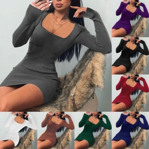 Women's Dress Stretchy RIBBED Long Sleeve Square Neck Party Bodycon Mini Dresses - Picture 1 of 31