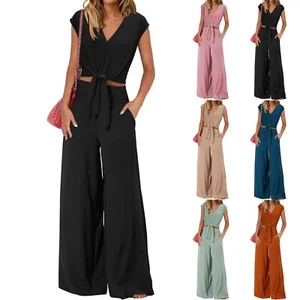 Women's Summer 2 Piece Outfits Cap Sleeve Tied Knot Crop Top Wide Leg Pant Sets - Picture 1 of 42