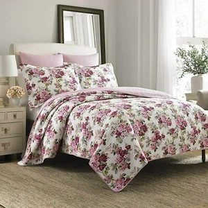 Laura Ashley LIDIA 3-PC Full Queen Reversible Quilt Set COTTON Pink Rose Floral - Picture 1 of 10