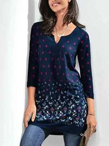 Blancheporte Navy Floral Women's SIZES 12/14 3/4 Sleeve Cotton Tunic Shirt - Picture 1 of 4