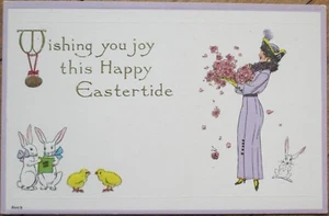 Art Deco Postkarte 1920 Ostern, Frau und gekleidete Hasen, geprägte Farblitho - Bild 1 von 1