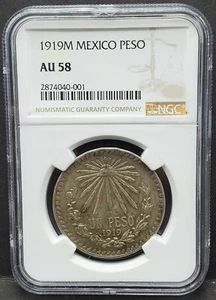 1919M Mexico Peso, NGC AU 58 - Picture 1 of 4