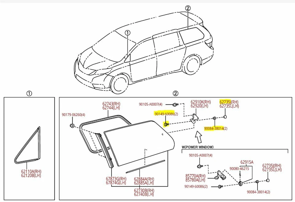 Toyota Sienna 2004-2020 retenedor de vidrio trasero Qtr, buje y tornillo genuino  Foto 1 de 1