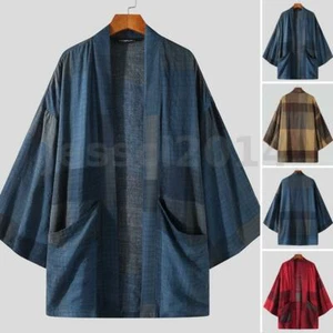 US STOCK Men's Japanese Retro Plaid Cgeck Yukata Kimono Cardigan Jacket Outwear - Picture 1 of 14