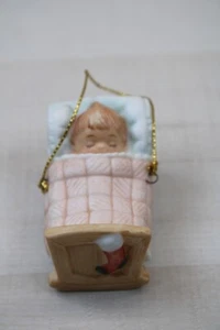 Vintage 1984 Gorham Baby Cradle w/Stocking Christmas Ornament 2” Porcelain - Picture 1 of 6