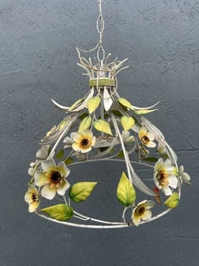 Vintage 1960s Tole Painted Floral Chandelier: Metal Hanging Light - Picture 1 of 7