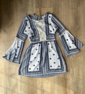 Hallelu Boho Bell Sleeve Mini Dress Blue White Lace Trim Festival Crochet  S - Picture 1 of 8