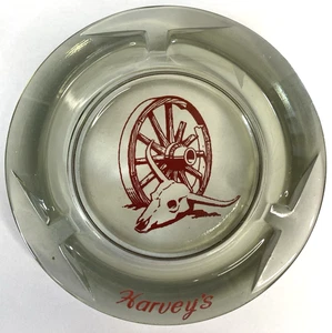 Harvey's Casino Vintage Advertising Ashtray smoked Glass Wagonwheel Skull 4" - Picture 1 of 5