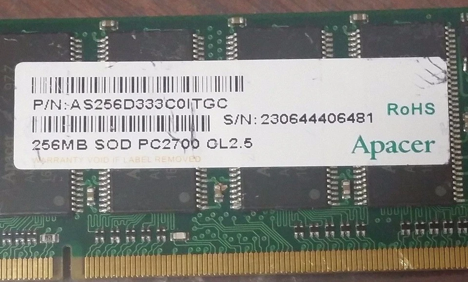 APACER 256MB  PC2700  DDR-333MHZ SODIMM LAPTOP RAM LOW DENSITY  AS256D333C0ITGC - Image 1 of 1
