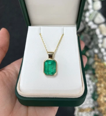 3.00CT Bezel Set 14K Yellow Gold Certified Women's Pendant Natural Green Emerald - Image 1 of 4
