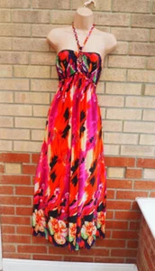 Izabel pink orange black floral printed halterneck long maxi summer dress 8 S - Picture 1 of 8