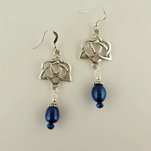 Silver Celtic Trinity Knot Earrings w/ cobalt blue pearls & Crystals - Picture 1 of 4