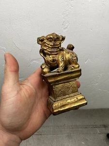 Antike chinesische Qing Dynastie Foo Hund Löwe vergoldet lackiert geschnitzt Holz Statue - Bild 1 von 12