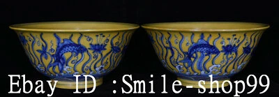 Par de tigelas de peixe 6,1" Old Ming Dynasty amarelo vitrificado azul branco porcelana peixinho dourado - Imagem 1 de 4