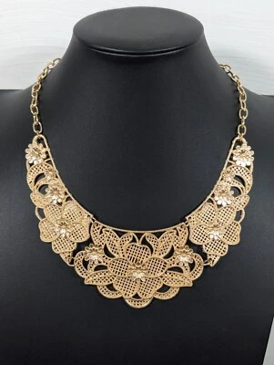 Boho Retro Gold Tone Metallic Lace Flower Curved Bar Collar Statement Necklace - Image 1 of 4