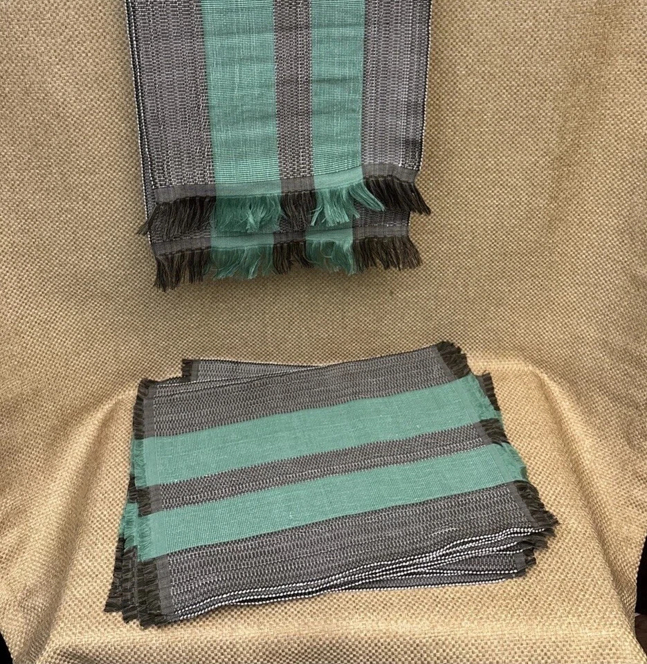 Set Of 12 Placemats & Matching Table runner Black Turquoise Striped Casual - Image 1 of 4