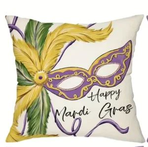 Funda de almohada Mardi Gras 1 pieza, diseño de máscara de ojos de 18 pulgadas, "Happy Mardi Gras" - Imagen 1 de 4