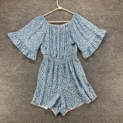 Romper Womens Blue Floral Off Shoulder Bell Sleeve Ruffle Smocked Ladies Casual - Image 1 of 4