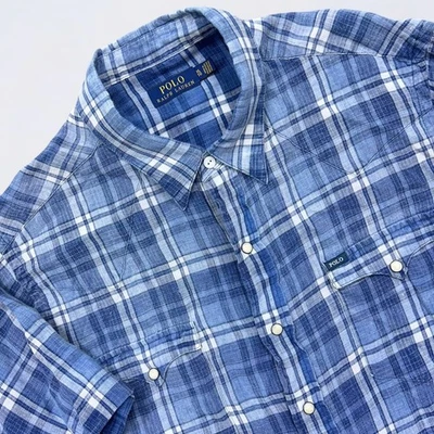 Polo Ralph Lauren Western Shirt Men's XL Blue Plaid Pearl Snap 100% Linen Cowboy - Image 1 of 4