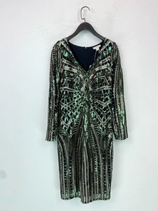Monsoon Green Black Sequin Bodycon Knee Length Dress Long Sleeve UK12 NEW - Picture 1 of 15