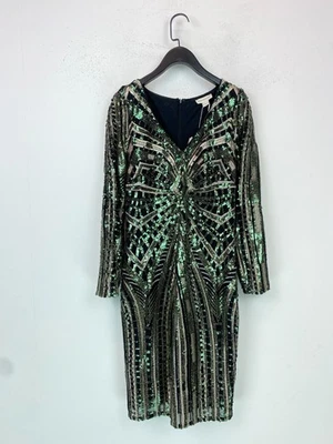 Monsoon Green Black Sequin Bodycon Knee Length Dress Long Sleeve UK12 NEW - Image 1 of 4