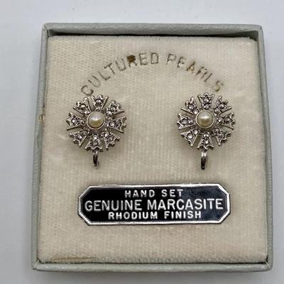 Pendientes estilo Art Deco perlas cultivadas y marcasita acabado rodio vintage IOB Foto 1 de 4