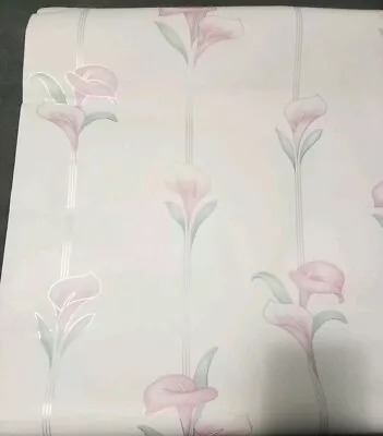 X3 Essex Wallpaper Painted Tulips On Off-white With Silver Stripes 168sq ft. NOS - Image 1 of 4