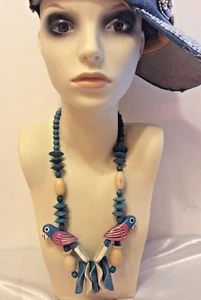Birds & Beads Hand Carved Hand Painted Necklace In Teal Blue & Cream - Picture 1 of 7