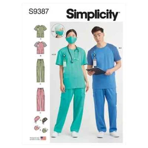 Simplicity Sewing Pattern 9387 Unisex 6-26 Scrubs Knit Pants Tops Mask and Cap - Picture 1 of 12