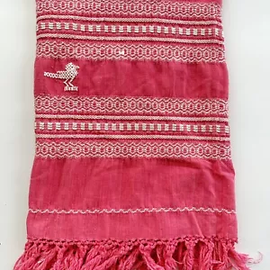 Vintage Cas-Cer Mexiko rosa Handarbeit gewebtes Tuch Vögel Fransen Tischdecke Überwurf 1950er - Bild 1 von 22