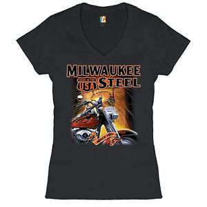 T-shirt femme à col en V en acier Milwaukee Route 66 moto hélicoptère motard