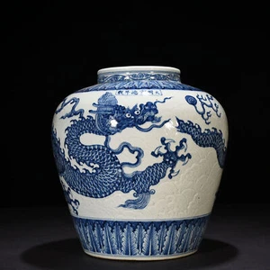 12" Antik Porzellan Ming Dynastie Xuande Marke Blau Weiß Meerwasser Drache Topf - Bild 1 von 8