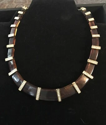 Lia Sophia Kiam Family Brown Tortoise Lucite Collar Necklace Choker Crystal - Image 1 of 4