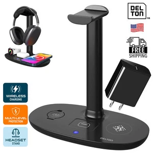 Delton HS1 Wireless Charging Station with Headset Stand and USB-C Adapter- Black - Picture 1 of 9