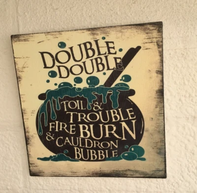 Rustic Primitive Halloween Double double toil & trouble Hanging Wooden Sign - Image 1 of 2