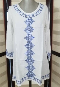 White With Blue Crochet Beach Tunic, 100% Cotton, M/L - Picture 1 of 4