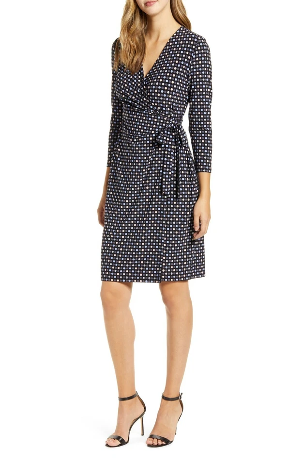 Anne Klein Nlack Blue Dots Career Faux Wrap Sheath Dress Size XL