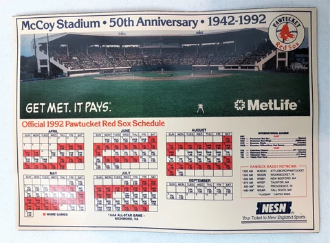 RARE 1992 Pawtucket Red Sox Baseball Schedule Magnet McCoy Stadium 50th Annivers Cover