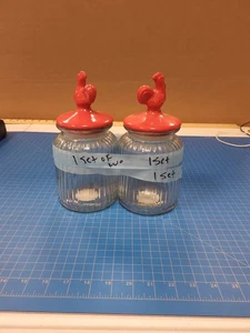 Set 2 Glass Kitchen Canisters Red Ceramic Rooster Lids Jars Storage Decor - Picture 1 of 7