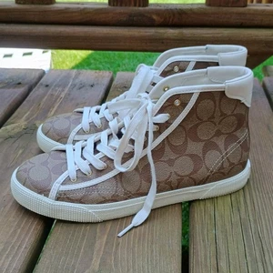 Coach FG4266 High Top Sneakers Signature Print Monogram Brown Tan Womens 9B - Picture 1 of 10