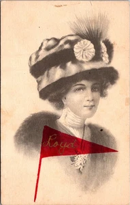 Woman in Fancy Hat RED PENNANT c1910s Postcard - Imagen 1 de 2